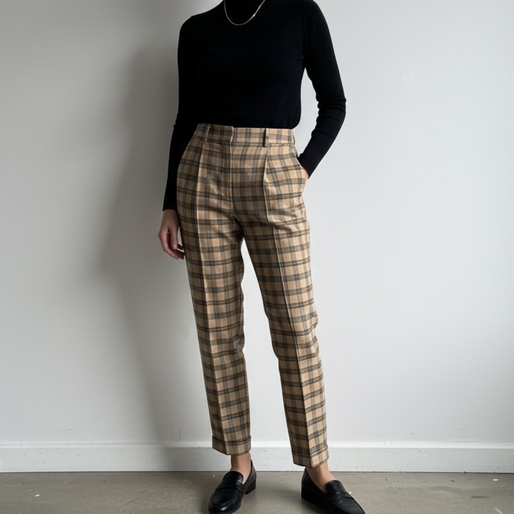Aritzia Wilfred Sz 4 Wool Blend Plaid Academia Tapered Cuffed Pants